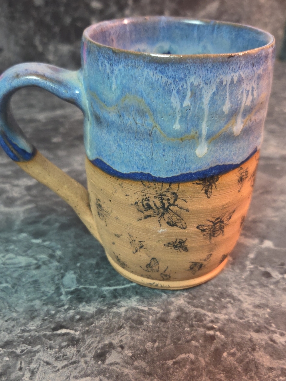 Handmade Ceramic Bee Mug in Blue and Tan
